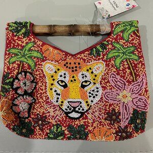 Beaded Bag Tiger Palm Trees Flowers Safari Bamboo Handles  Made in India NWT